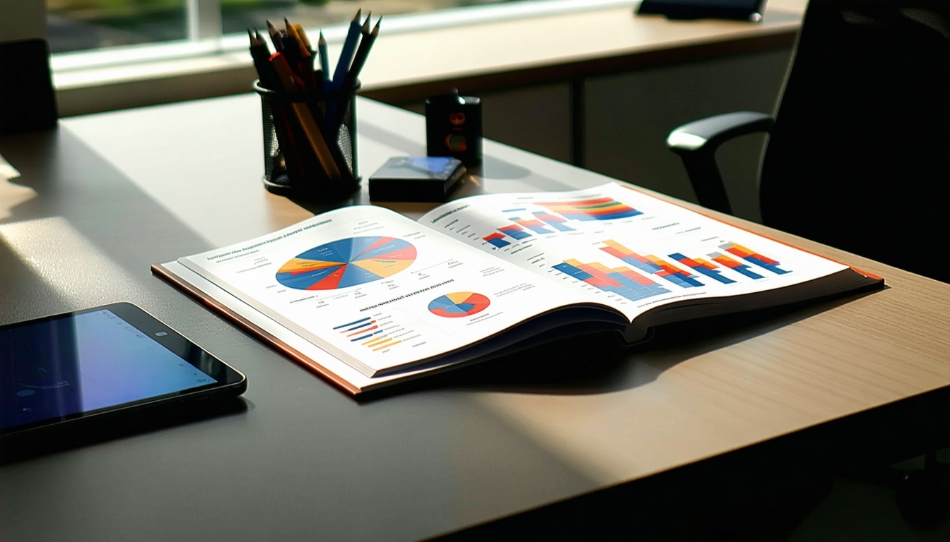 세련되고 현대적인 사무실 책상은 근처의 창문을 통해 들어오는 자연광이 비추는 매끄러운 광택 표면을 자랑합니다. 책상 위에는 활기찬 디자인과 대담한 타이포그래피가 돋보이는 전문 마케팅 보고서가 제본된 표지가 눈에 띄게 놓여 있습니다.