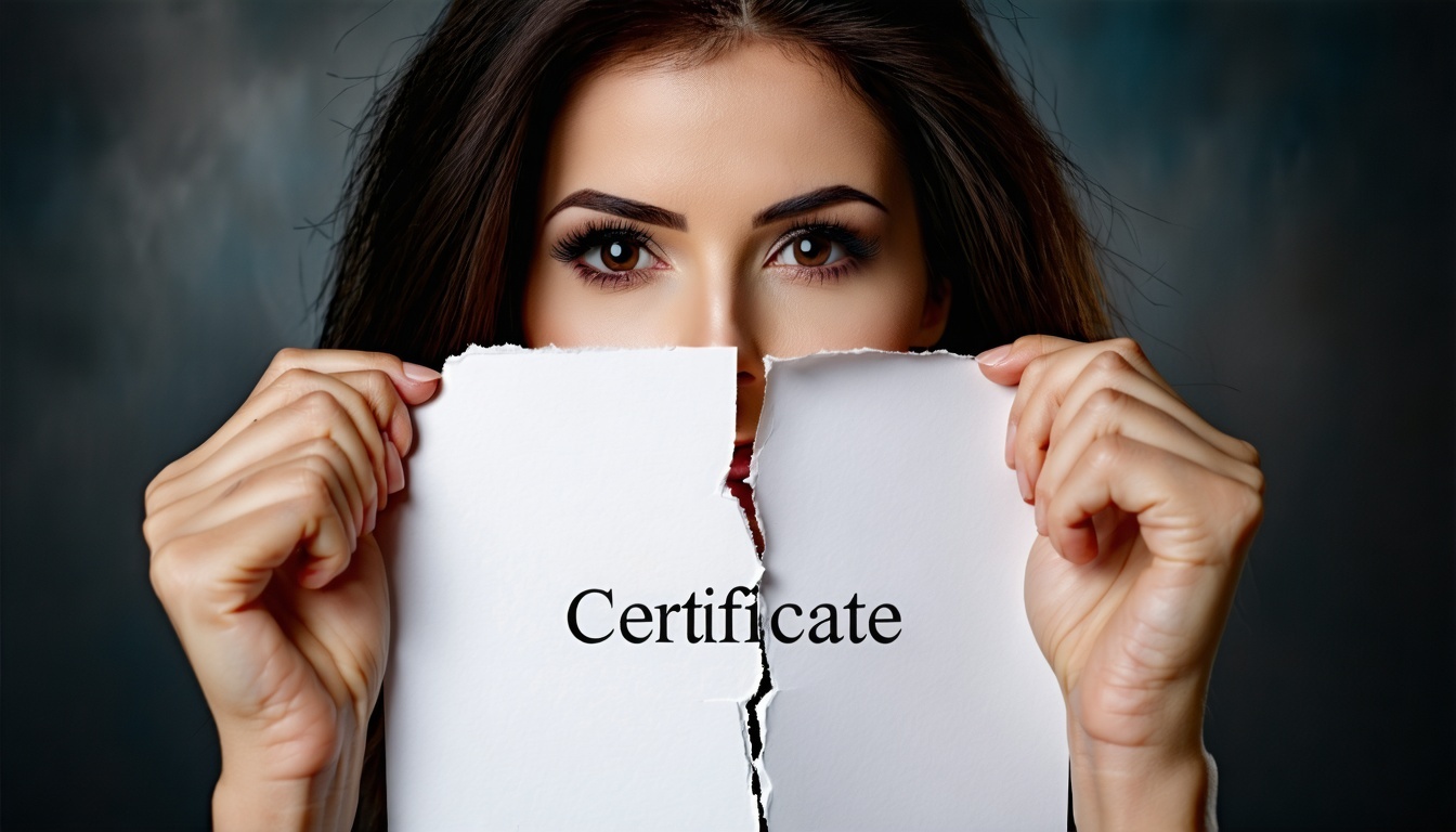 섬세하면서도 단호한 여자의 손이 굵은 글씨로 '인증서'라고 새겨진 선명하고 공식적인 종이의 가장자리를 잡습니다. 그녀는 재빠른 동작으로 두 장의 종이를 분리합니다,