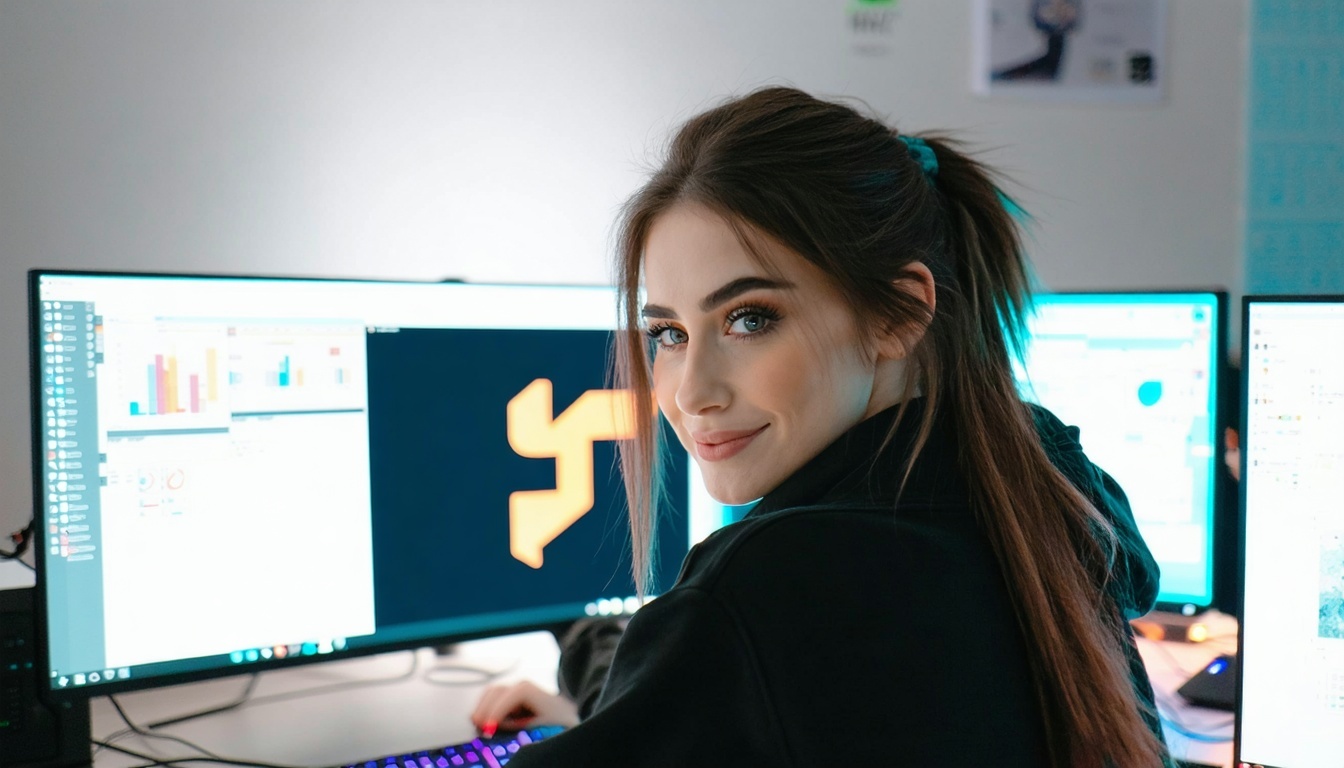 컴퓨터 앞에서 완성된 BIMI 규정 준수를 위한 로고를 살펴보는 젊은 여성-Jul-30-2025-05-57-27-4116-PM